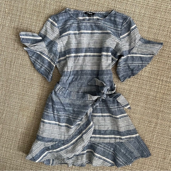 Express Blue and White Stripe Babydoll Wrap Dress - Picture 1 of 6